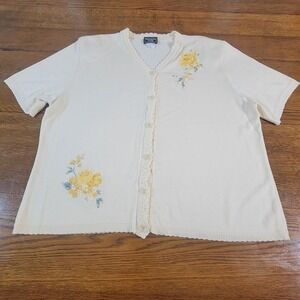 Vintage Southern Lady Ivory Embroidered Floral Knit Cardigan Short Sleeve Top XL
